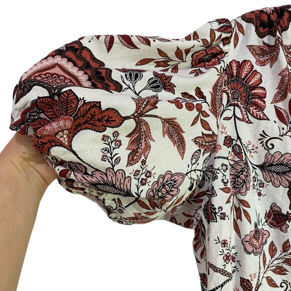 Joie Floral Red & Cream Linen Blend Balloon Sleeve Button Up Blouse Size M - Picture 3 of 10